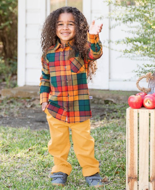 Autumn Rainbow Plaid Button Down & High Low Ruffle Tunic