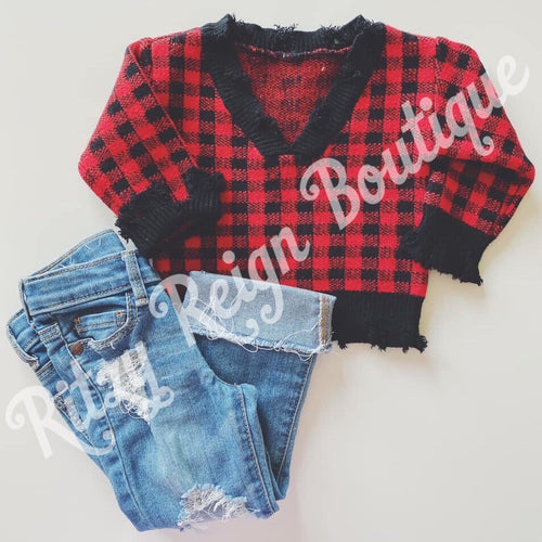 Baby Buffalo Plaid Slouchy Distressed Sweater